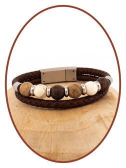 Edelstahl / Leder Asche - Armband, Perlen aus &#039;Petrified Wood/Magnesite/Bronzite&#039; - ASB049