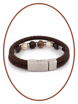 Edelstahl / Leder Asche - Armband, Perlen aus &#039;Petrified Wood/Magnesite/Bronzite&#039; - ASB049