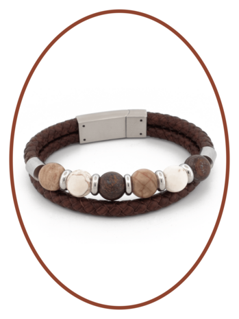 Edelstahl / Leder Asche - Armband, Perlen aus 'Petrified Wood/Magnesite/Bronzite' - ASB049