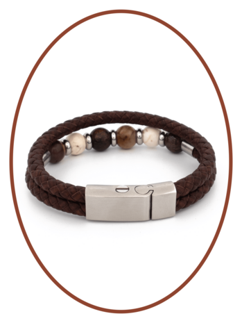 Edelstahl / Leder Asche - Armband, Perlen aus 'Petrified Wood/Magnesite/Bronzite' - ASB049