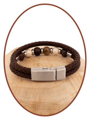 Edelstahl / Leder Asche - Armband, Perlen aus 'Petrified Wood/Magnesite/Bronzite' - ASB049