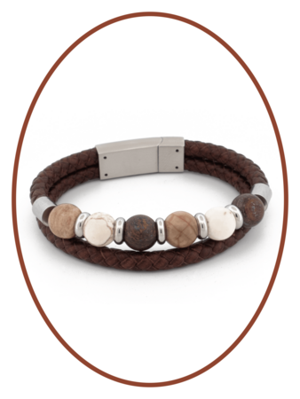 Edelstahl / Leder Asche - Armband, Perlen aus 'Petrified Wood/Magnesite/Bronzite' - ASB049