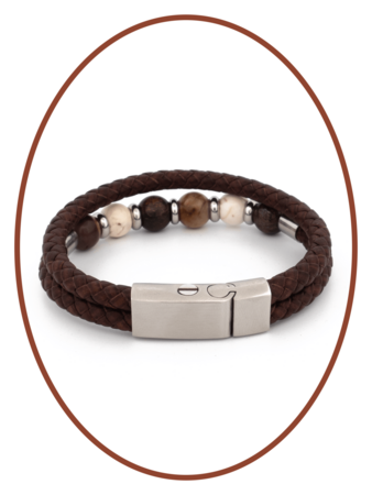 Edelstahl / Leder Asche - Armband, Perlen aus 'Petrified Wood/Magnesite/Bronzite' - ASB049