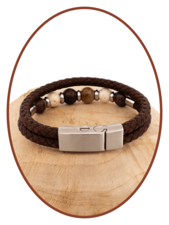 Edelstahl / Leder Asche - Armband, Perlen aus 'Petrified Wood/Magnesite/Bronzite' - ASB049